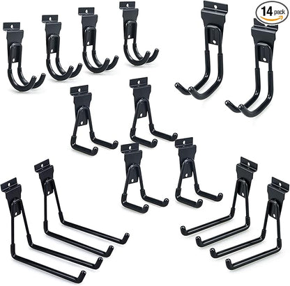 Slatwall Hooks, Slat Wall Accessories Multi Size Garage Hooks Storage Utility Hanging Hooks Wall Mount Tool Holder for Ladder Garden Tools (14 Pack, Black)