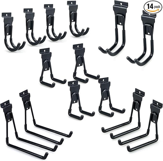 Slatwall Hooks, Slat Wall Accessories Multi Size Garage Hooks Storage Utility Hanging Hooks Wall Mount Tool Holder for Ladder Garden Tools (14 Pack, Black)