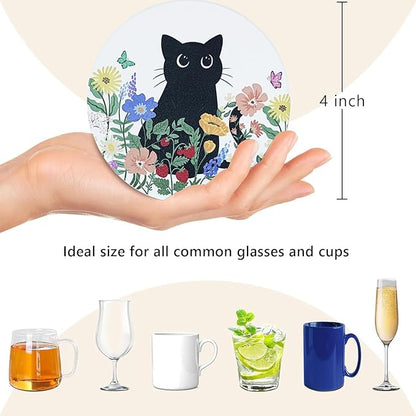 SHIYUE 6 Pack Curious Cat Coasters with Holder, Absorbent Ceramic Coasters, Drinks Coffee Table Home Decor Housewarming Gift, 4 Inches(Colorful Flower)