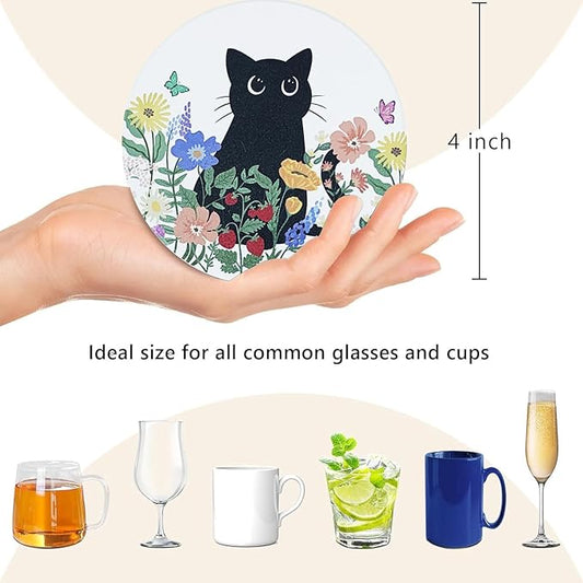 SHIYUE 6 Pack Curious Cat Coasters with Holder, Absorbent Ceramic Coasters, Drinks Coffee Table Home Decor Housewarming Gift, 4 Inches(Colorful Flower)