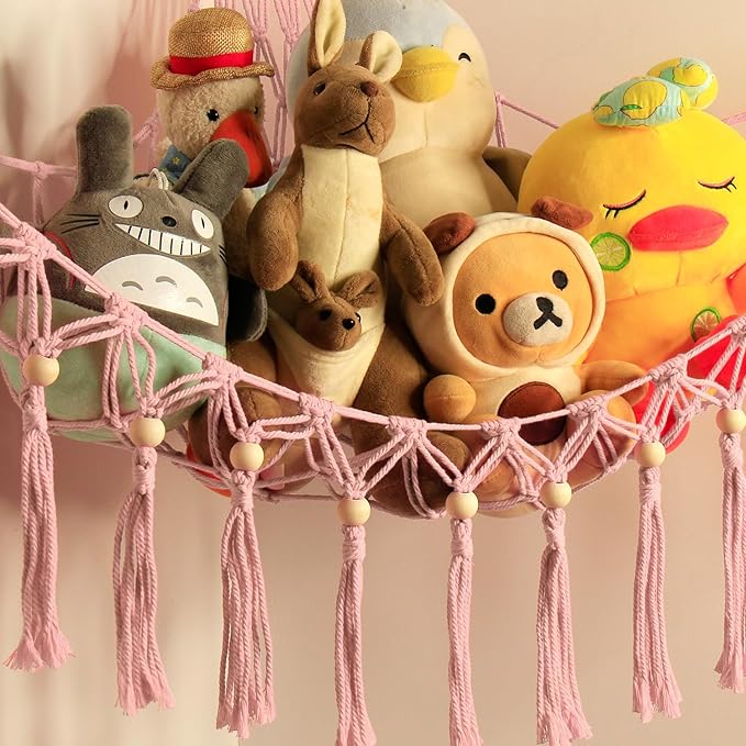 Stuffed Animal Storage Hammock Corner with LED Light - Toy Hanging Organizer Plushie Net - Pink Room Decor for Teen Girls - Cute Bedroom Aesthetic Nursery Kids Baby Toddler