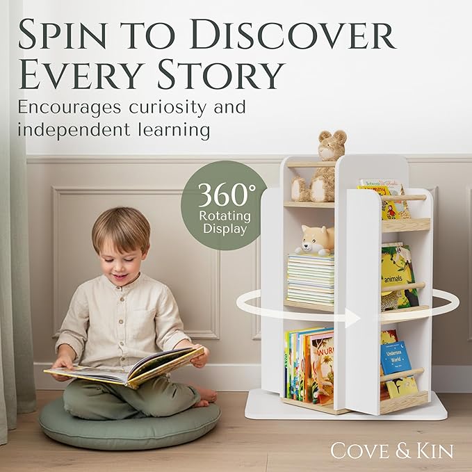 COVE & KIN Kids Rotating Bookshelf Organizer – 360° Montessori-Inspired Front-Facing Bookcase for Toddlers & Kids, Space-Saving Wooden Book Shelf for Nursery, Playroom & Bedroom