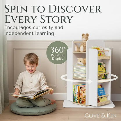 COVE & KIN Kids Rotating Bookshelf Organizer – 360° Montessori-Inspired Front-Facing Bookcase for Toddlers & Kids, Space-Saving Wooden Book Shelf for Nursery, Playroom & Bedroom