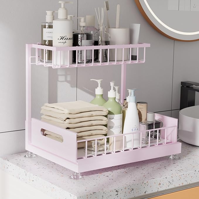 Under Sink Organizer Storage 2-Tier Premium Metal Pull-Out Racks, Height Adjustable, Heavy Dut and Easy Installation for Kitchen & Bathroom Organizers 1 Pack Pink