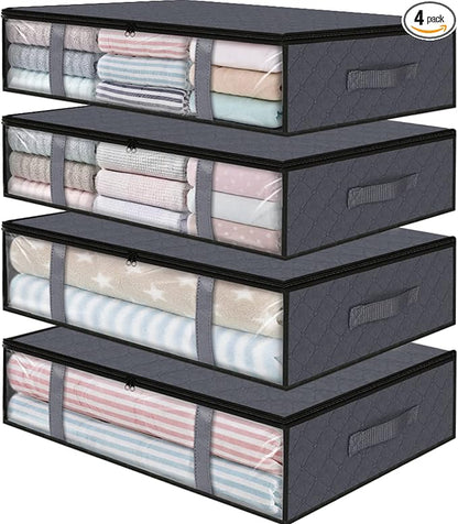 StorageRight Under Bed Storage Bins, 4-Pack 40L Foldable Fabric Storage Bags with Transparent Window, Breathable Organizer for Clothes/Blanket/Comforter/Quilt, Grey