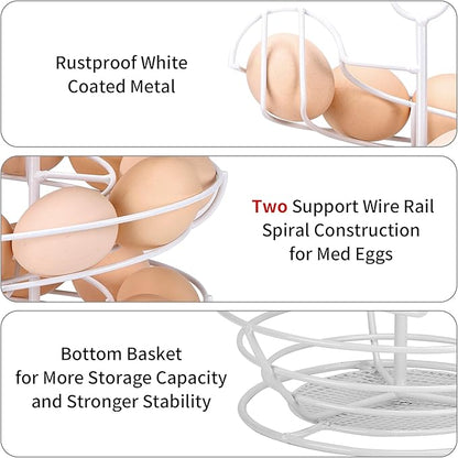 White Spiral Egg Holder Countertop, Metal Egg Skelter, Egg Dispenser Rack with Storage Basket for Countertop, Kitchen