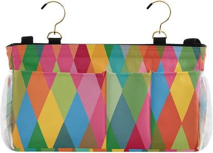 CuwrYet Bedside Caddy Hanging Bunk Bed Caddy Bed Organizer Hanging Pocket with 2 Hooks Bedside Storage Organizer Pocket Bag Holder Pink Green Argyle