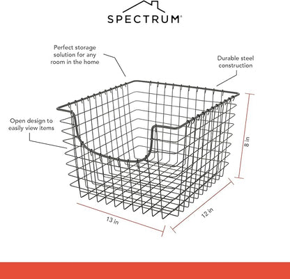 Spectrum Wire Scoop Basket Storage Bin Industrial Gray Medium Metal Wire Basket Organizer for Kitchen Pantry Wire Storage Bins, Heavy Duty Rectangle Wire Storage for Kitchen Organization