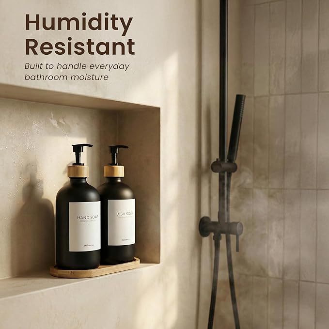 Maisonovo Glass Soap Dispenser Bathroom Set | Hand Soap and Dish Soap Dispenser Set | 16.9oz Amber Bottles with Black Bamboo Pump | Bathroom Lotion Dispenser Set of 2