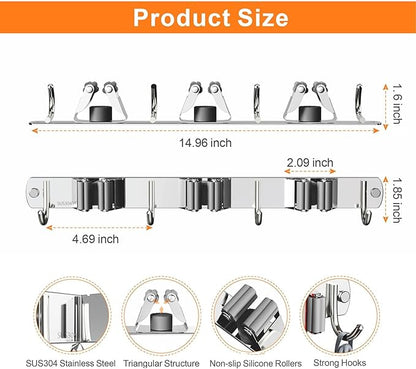 Mop and Broom Holder Wall Mount, Upgraded Broom Organizer Wall Mount, Stainless Steel Broom Hanger Wall Mount for Home Kitchen Garden Laundry Garage (3 Racks with 4 Hooks)