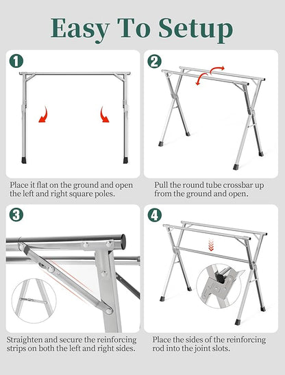 63 Inches Heavy - Duty Stainless Steel Folding Clothes Drying Rack Clothing Indoor Outdoor Anti-Rust 20 Windproof Hooks Portable & Foldable Laundry Rack (63'')