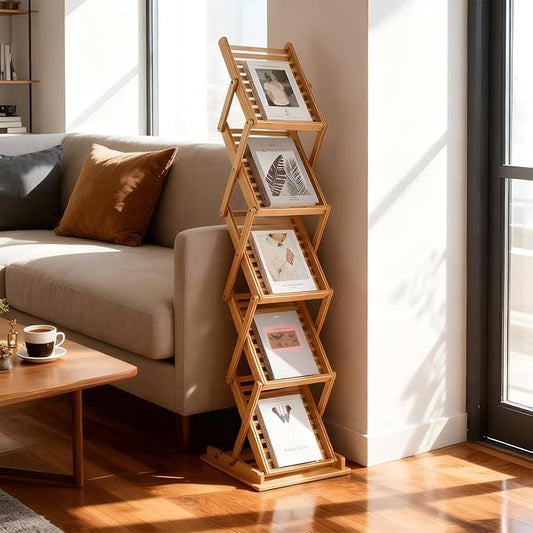 Foldable Bamboo Magazine Rack Floor, Portable Display Stand, Magazine Rack 5 Pockets, for Trade Show, Office, A4 Size
