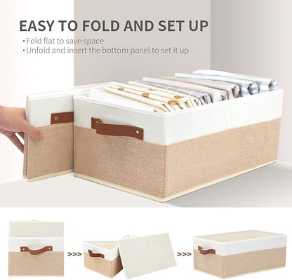 6 Pack Fabric Storage Bins, Large Storage Baskets for Shelves, Foldable Closet Organizer Storage Boxes with Leather Handles for Clothes, Sheets, Jeans, Toys, Books (Beige and White)