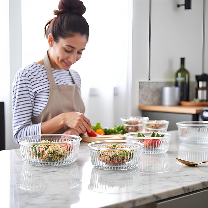 H.JSS WDJS 12oz Round Glass Meal Prep Containers with Airtight Lids, 1.5-Cup Round Glass Food Storage Containers Set, Heat-Resistant BPA-Free for Soup, Leftover, Microwave, Dishwasher, Freezer Safe