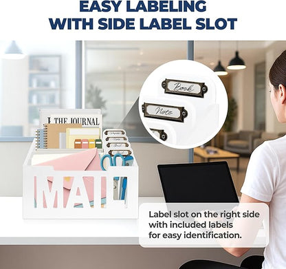 Mail Organizer Countertop – White Holder for Desk with 4 Slots & Label Tags, Decorative Desktop Sorter, Bill Storage and Envelope Tray for Organized Home Office Accessories (11x7x8 in)