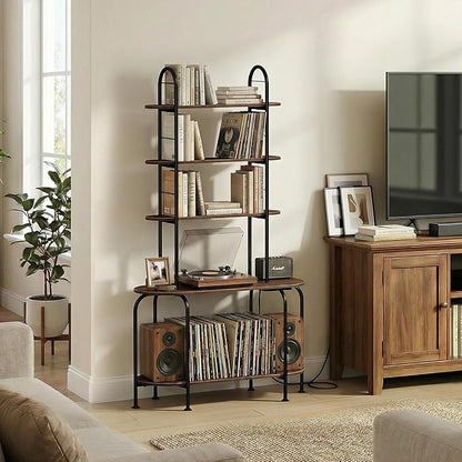 5-Tier CD Storage Rack, Record Player Stand with Storage, DVD Organizer Shelf with Adjustable Book Stoppers, Media Storage Rack for CD/DVD, Books, Games, for Living Room, Bedroom, Home Office, Walnut