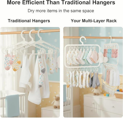 Multi-Layer Clothes Drying Rack with 26 Non-Slip Clips, BPA-Free Portable Hanging Laundry Rack for Baby Clothes, Socks and Underwear, Space-Saving Drip Hanger for Apartment（Off-White）
