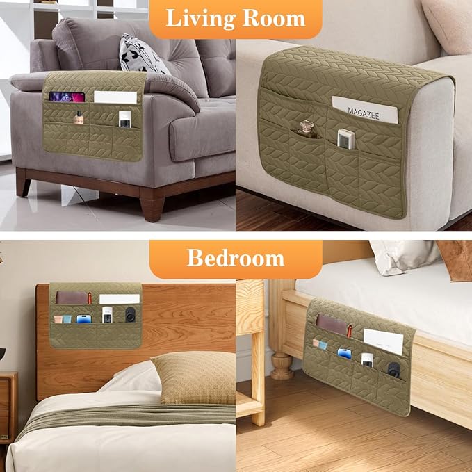 HADEEONG Sofa Armrest Organizer Arm Chair Caddy for Recliner, Remote Control Holder for Recliner, Non-Slip Armchair Caddy with 6 Pockets Storage for Magazine, Tablet, Phone, Dark Khaki