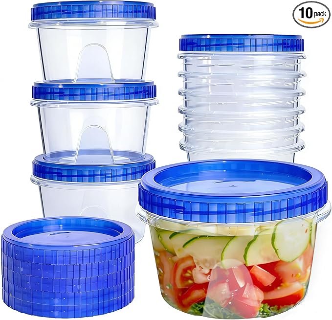 Slomg 10 Pack 16 oz Freezer Storage Containers with Twist Top Lids, Small Plastic Food Storage Soup Meal Prep Containers, Leakproof Overnight Quart Containers for Lunch Leftover Fruit Salad Oat