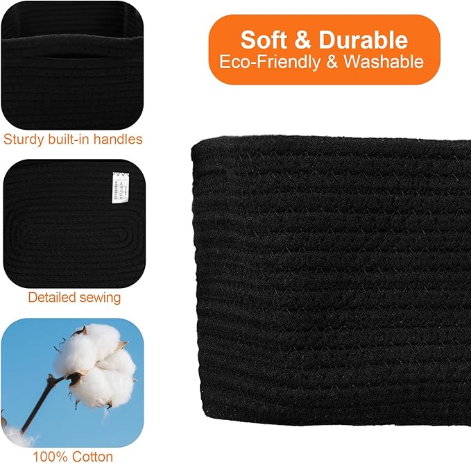 Small Storage Baskets for Organizing, Woven Storage Bins for Shelves, Gift Basket Empty, Cute Decorative Closet Organizer, Baby Rope Basket, Dog Toy Storage, 12.6x8.2x5”, 3Packs Black