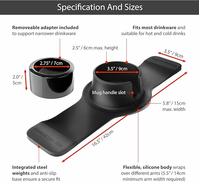 HIT PRODUCTS CouchCoaster® - Original & Patented Armrest Couch Cup Holder, Jet Black - A Weighted, Silicone, Anti Slip Coaster Stops Spills On Your Sofa, Armchair Or Recliner & Keeps Drinks in Reach