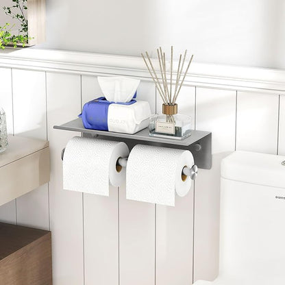 YUMORE Toilet Paper Holder, 304 Stainless Steel Bathroom Double Roll Tissue Holder with Shelf, Wall Mounted Washroom Dual TP Dispenser Storage, Flushable Wipes Dispenser, Brushed Nickel Finish