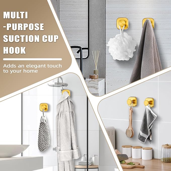 Fenas Suction Cup Hooks for Shower - Resuable Bathroom Hooks for Towels, Robes & Loofah - No-Drill Mounting on Kitchen,Walls,Metal,Glass,Mirrors,Tile & Smooth Non-Porous Surfaces (2, Brushed Gold)