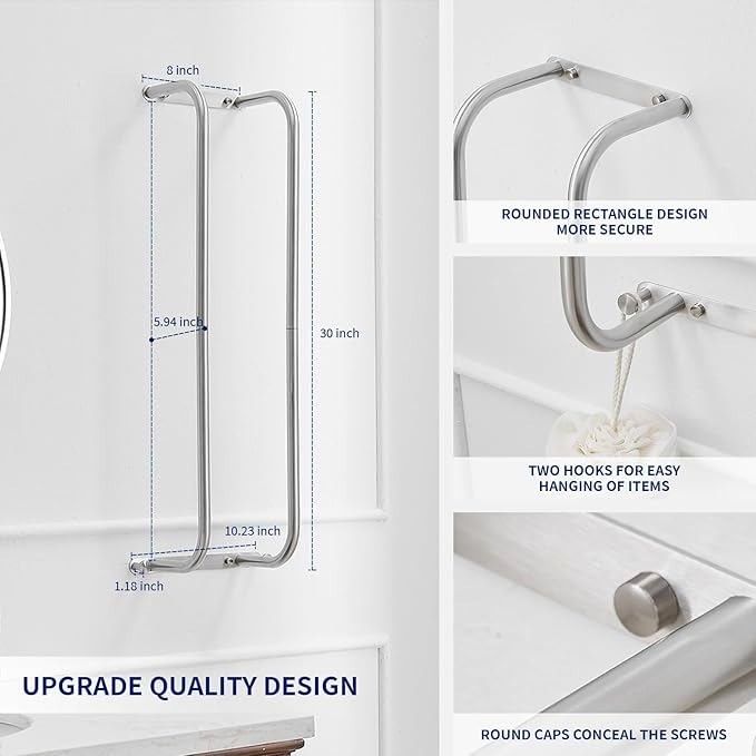 BWE Brushed Nickel Towel Racks for Bathroom, Stainless Steel Towel Holder for Rolled Towels, Wall Mounted Bathroom Towel Storage Holds Up 6 Large Bath Sheets, with 2 Hooks