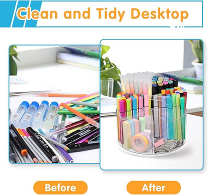 Acrylic Pen Holder, 360 Degree Rotating Pen Organizer, Rotating Desk Acrylic Office Organizer with 6 Compartments, Marker Organizer for Kid, Crayon Caddy School Art Supply Storage Organizer