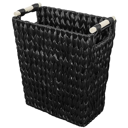 Endymion Black Wicker Trash Can,5 Gallon Bathroom Trash Can with Wooden Handles,Woven Narrow Waste Basket for Bedroom,Office,Living Room