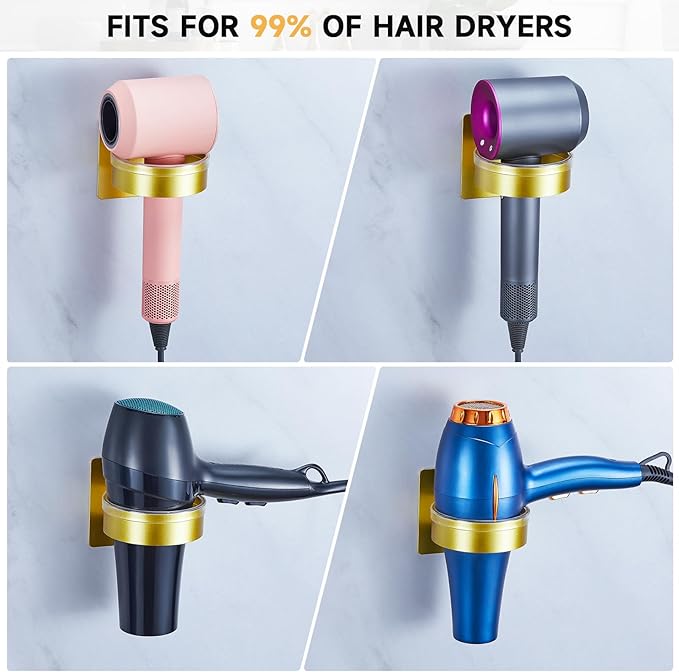 Oukimly Hair Dryer Holder Wall Mounted, Blow Dryer Holder, Hair Tool Organizer for Hair Dryer Storage Hanger, Adhesive Hairdryer Holder for Bathroom Barber Shop (Gold)