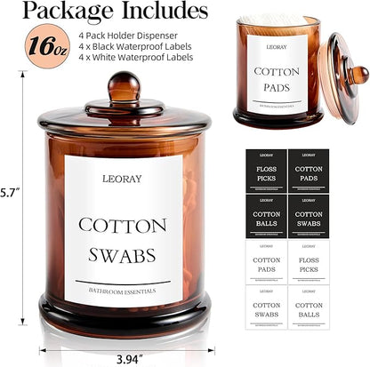 LEORAY 4 Pack Glass Qtip Holder Dispenser with Lids, Airtight Waterproof, 16 Oz Vanity Organizer Bathroom Canisters for Cotton Swabs, Balls, Pads, Floss Picks, Restroom Kitchen Storage Jars, Amber