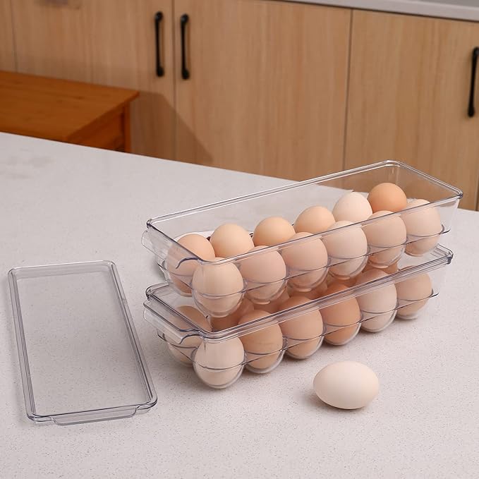 Sooyee 2 Pack Egg Holder for Refrigerator, Plastic Egg Storage Container, Fridge Egg Organizer, Clear Refrigerator Organizer Bins with Lids, Stackable Tray Holds 12 Eggs