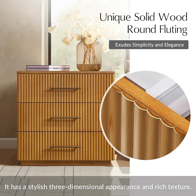 HULALA HOME 26" Fluted Nightstand with 3 Drawers, Modern Solid Wood Night Stand with Charging Station, Bed Side Table with Large Storage, End Table Tall Nightstand, Easy Assembly, Teak