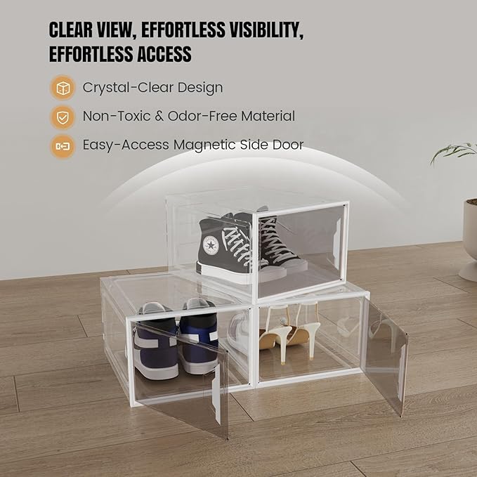 ADTO X-Large Stackable Shoe Boxes - Clear Plastic Shoe Storage Boxes with Magnetic Door, Thicken Shoe Organizer for Closet, Space Saving Foldable Shoe Containers Bins for Sneaker Boot - 6 Pack(White)