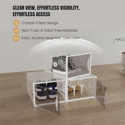 ADTO X-Large Stackable Shoe Boxes - Clear Plastic Shoe Storage Boxes with Magnetic Door, Thicken Shoe Organizer for Closet, Space Saving Foldable Shoe Containers Bins for Sneaker Boot - 6 Pack(White)