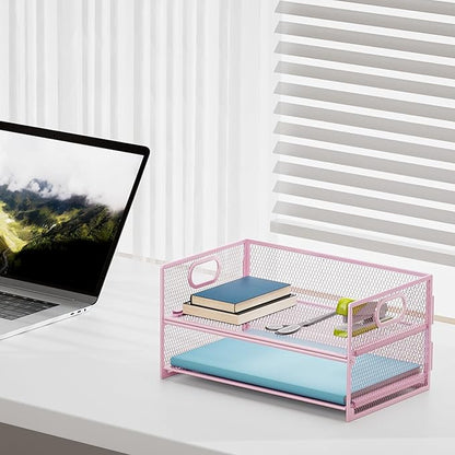 Marbrasse 2 Tier Paper Organizer Letter Tray, Mesh File Organizer with Handle, Paper Sorter Desk Organizer for Home Office Supplies - Pink
