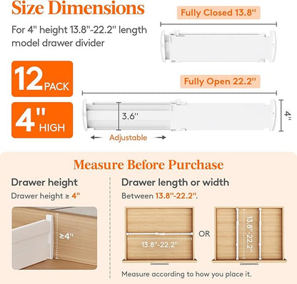 Lifewit 4" High 12 Pack Drawer Dividers, 13.8-22.5" Drawer Divider for Clothes, Adjustable Dresser Drawer Organizers, Plastic Drawers Separators for Clothes, Bedroom, Bathroom, Kitchen, Office