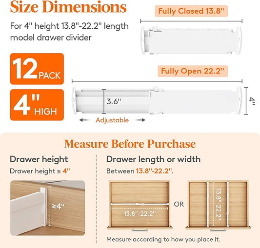 Lifewit 4" High 12 Pack Drawer Dividers, 13.8-22.5" Drawer Divider for Clothes, Adjustable Dresser Drawer Organizers, Plastic Drawers Separators for Clothes, Bedroom, Bathroom, Kitchen, Office