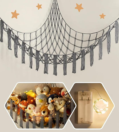 Stuffed Animal Storage Hammock Corner X-Large with LED Light - Baby Hammock Hanging Holder Plushies Net for Stuff Animals Organizer - Cute Room Decor Aesthetic Kids Toddler Nursery Bedroom
