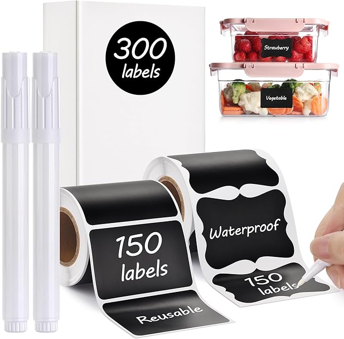 Chalkboard Labels - 300pcs Waterproof Reusable Blackboard Stickers with 2 Free Erasable White Chalk Marker, Mini Decorative Chalk Labels for Jars Containers Kitchen Home Pantry Office