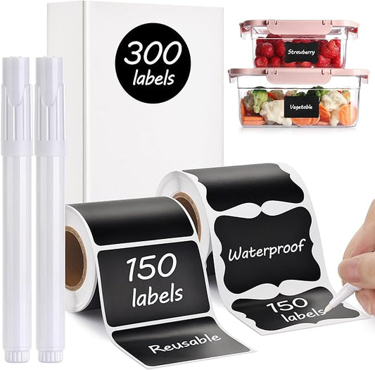 Chalkboard Labels - 300pcs Waterproof Reusable Blackboard Stickers with 2 Free Erasable White Chalk Marker, Mini Decorative Chalk Labels for Jars Containers Kitchen Home Pantry Office