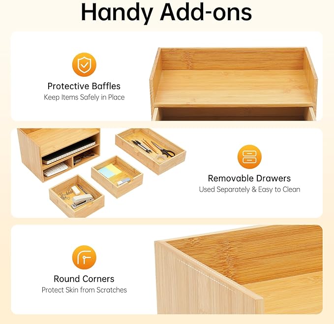 Bamboo Desk Organizer, 100% Original Mini Bamboo Desk Drawer Tabletop Storage Organization Box 3 Drawer Storage Organizer for Office Home Toiletries Supplies No Assembly Required