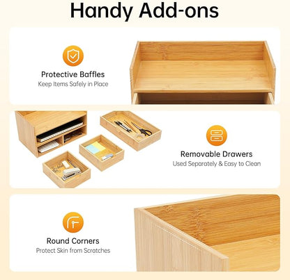 Bamboo Desk Organizer, 100% Original Mini Bamboo Desk Drawer Tabletop Storage Organization Box 3 Drawer Storage Organizer for Office Home Toiletries Supplies No Assembly Required