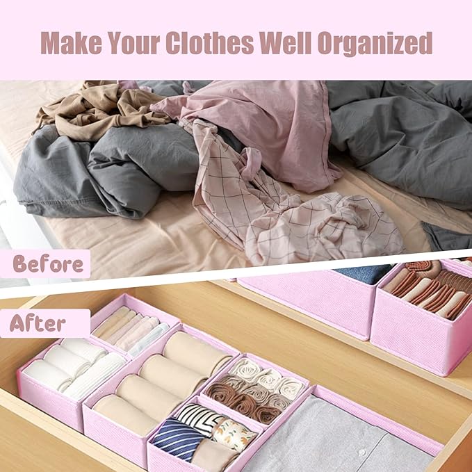 Mooisco 12 Pack Drawer Organizer Clothes, Fabric Closet Organizers and Storage, Foldable Cloth Storage Bins for Underwear Socks, Bra, Ties, Scarf, Belt, Hair Accessories, Pink