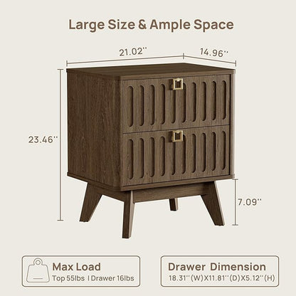 SICOTAS Nightstand Set of 2, Modern Bedside Tables with 2 Drawers, Stable Bedroom Nightstands with Textured Drawer Front and Gold Hardware for Bedroom, Apartment