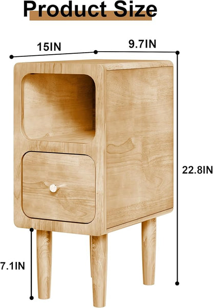 Narrow Nightstand, Solid Wood Night Stand with Drawers, Natural Mid Century Modern Nightstand, Small Beside Table with Open Storage Shelf for Bedroom (10 inch)