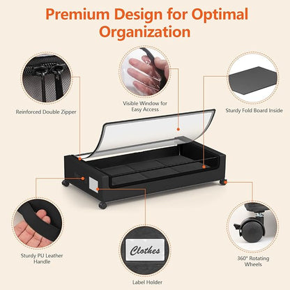 Under Bed Storage Containers with Wheels - Foldable Organizer Bins for Blankets, Clothes, Shoes, Toys, and Comforters.Capacity, Space Saving, Easy Pull Out, Clear PVC (black-2)