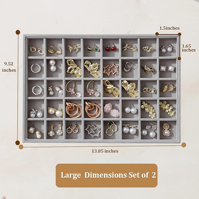 KATISYIO Large Velvet Jewelry Tray 2 Pack Stackable Jewelry Display Drawer Inserts Trays Organizer for Earring Bracelet Necklace Ring (Gray, 40 Grids)