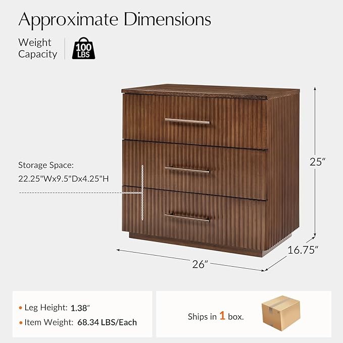 HULALA HOME 26" Fluted Nightstand with 3 Drawers, Modern Solid Wood Night Stand with Charging Station, Bed Side Table with Large Storage, End Table Tall Nightstand, Easy Assembly, Walnut